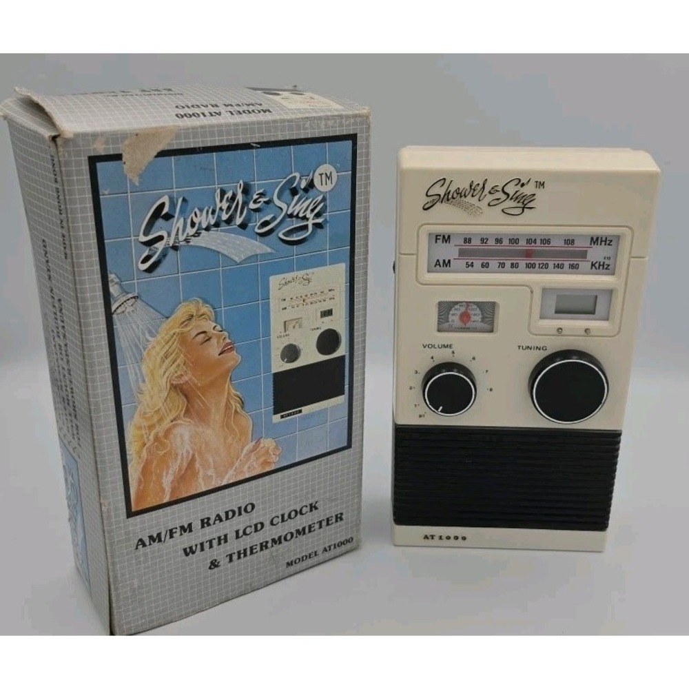 Vintage Art Temple Shower Sing AM/FM Clock Radio Thermometer Model AT1000 White